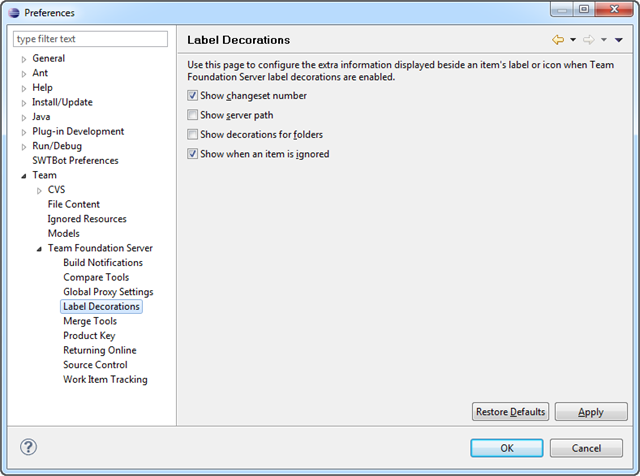 Preferences, Team, Team Foundation Server, Label Decorations