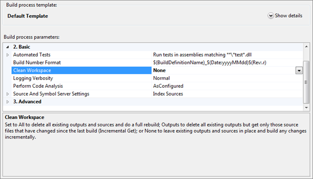 Default Template build process properties shown when editing the build definition in Visual Studio 2010