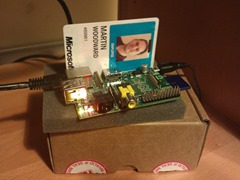 Picture of the Raspberry Pi running TEE against my ID badge for scale