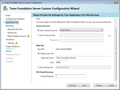 Application Tier settings for TFS2010