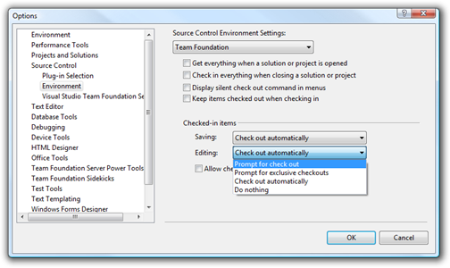 Options dialog of Visual Studio showing Source Control, Environment settings