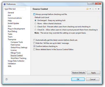 Teamprise Source Control preferences