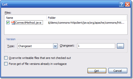 The Get Specific Dialog with changeset 1 inside.