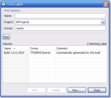 Teamprise find label dialog