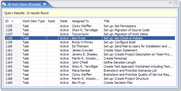 Work item query view in Teamprise