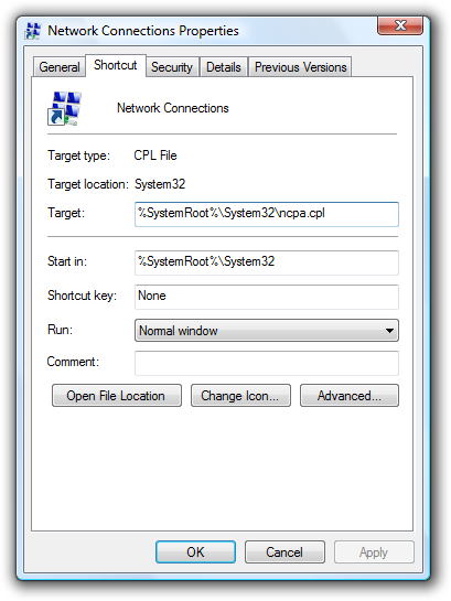 Network Connection shortcut settings