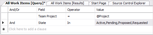 An example of using the IN statement in Visual Studio 2005 Work Item Query Editor