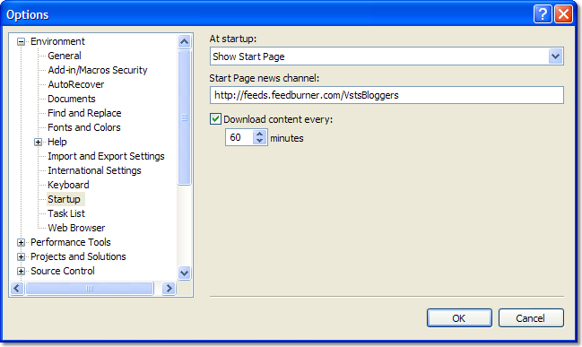 Screen shot showing how to customize the news displayed in the Visual Studio 2005 Start Page.