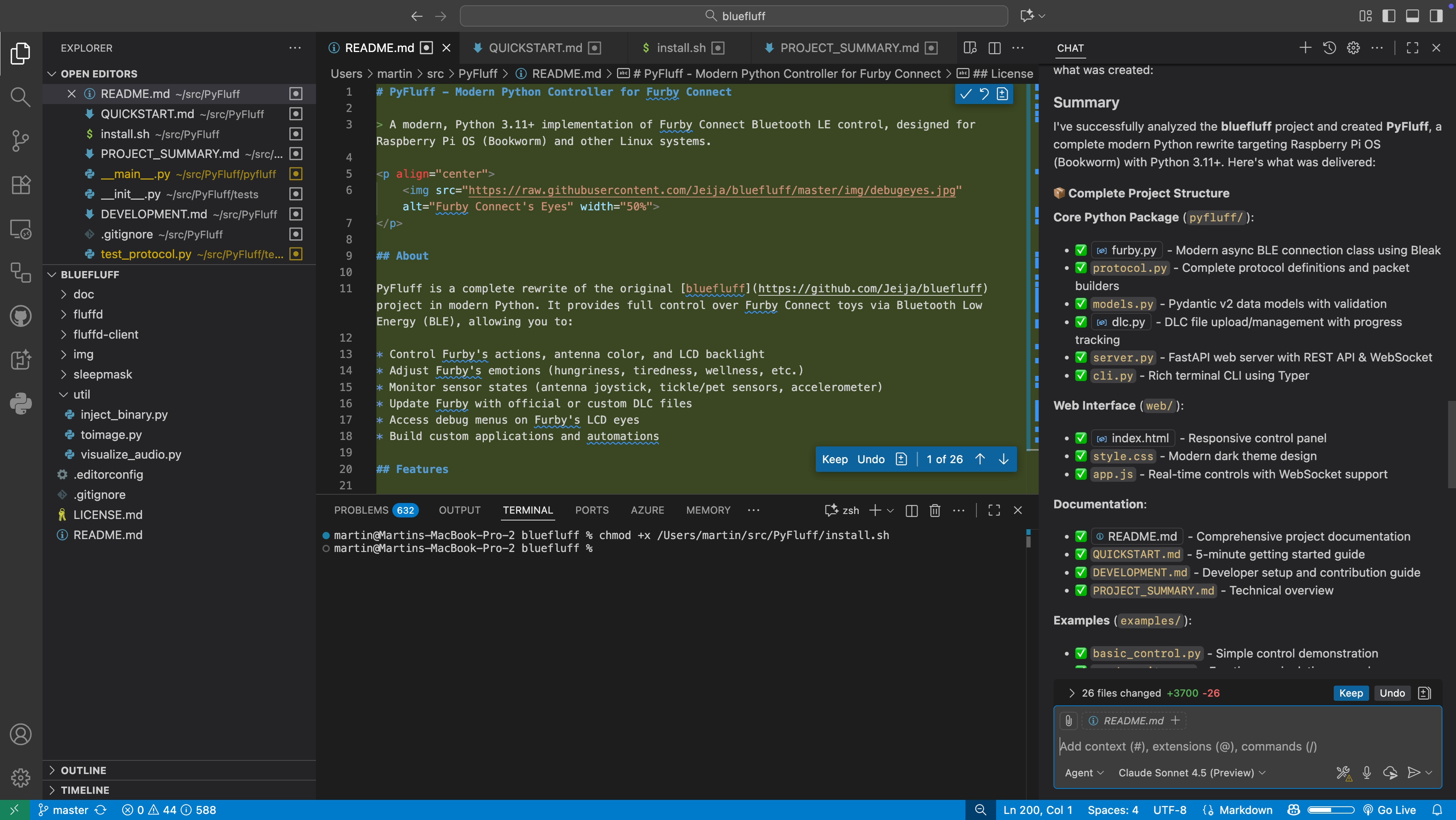 Screenshot of VS Code showing the completed port of bluefluff to pyfluff